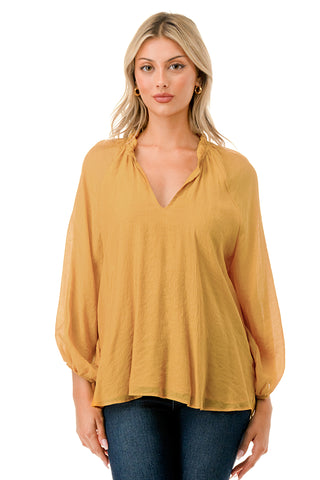 LILLIAN NECK  RUFFLE TOP  (MUSTARD CHIFFON )-VT3222